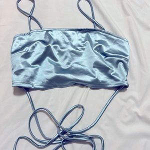 Silk baby blue tie crop top